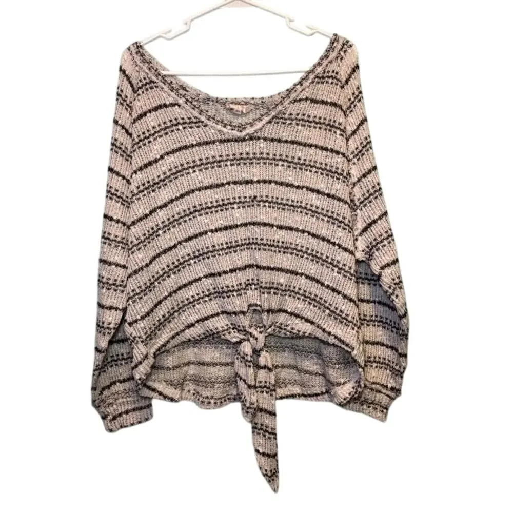 Altar'd State Striped V-Neck Tie Front Sweater Top Small Gray Blue White Knit - Picture 1 of 8